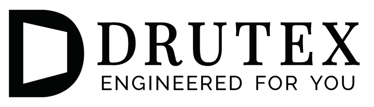 DRUTEX, Firmenlogo Logo von Drutex mit dem Slogan "Engineered for You" in schwarzer Schrift.